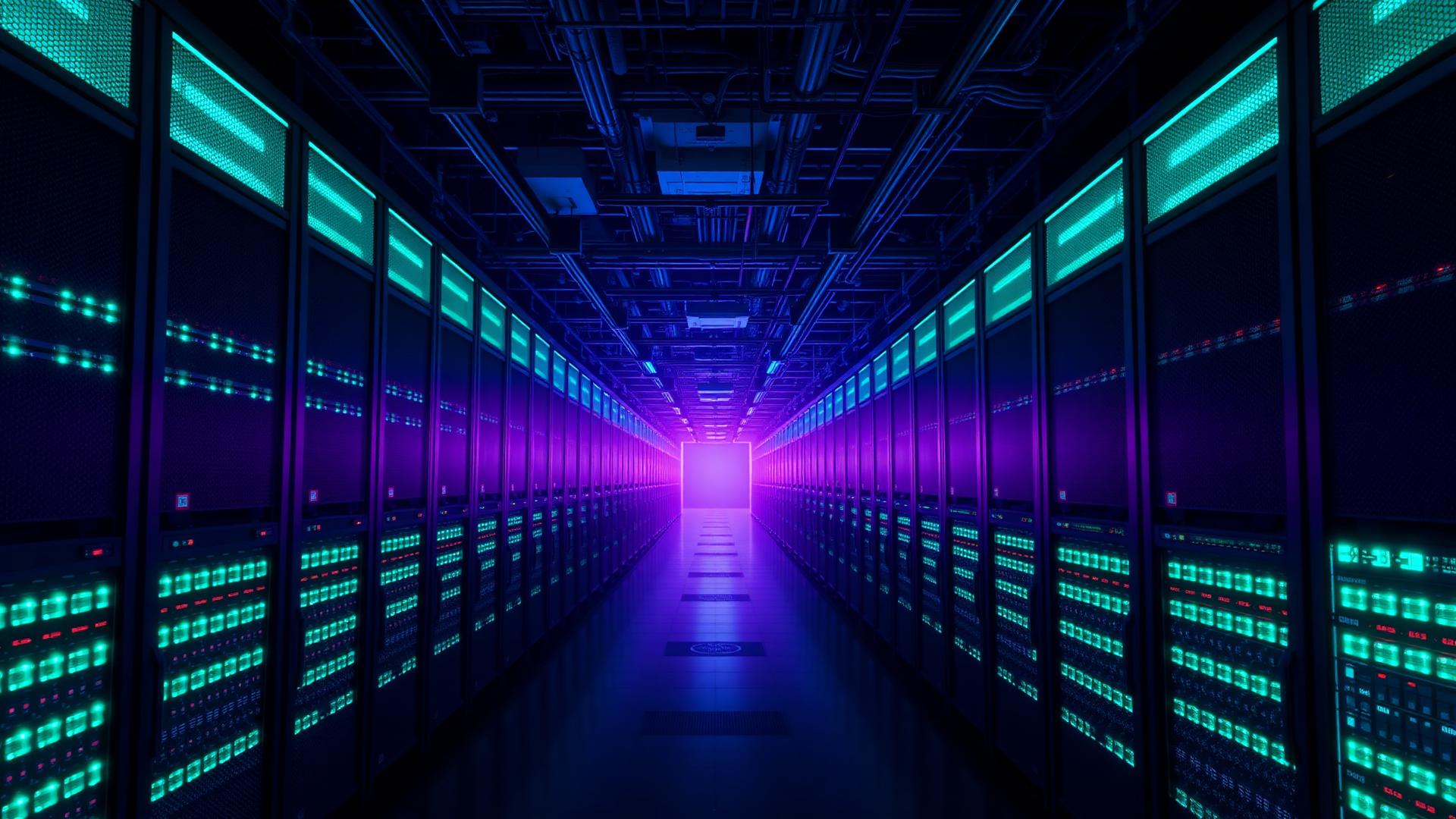 Illuminated data center corridor with rows of server racks